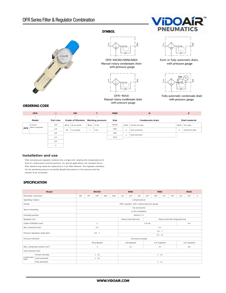 OFR Series Filter & Regulator Combination Data Sheet